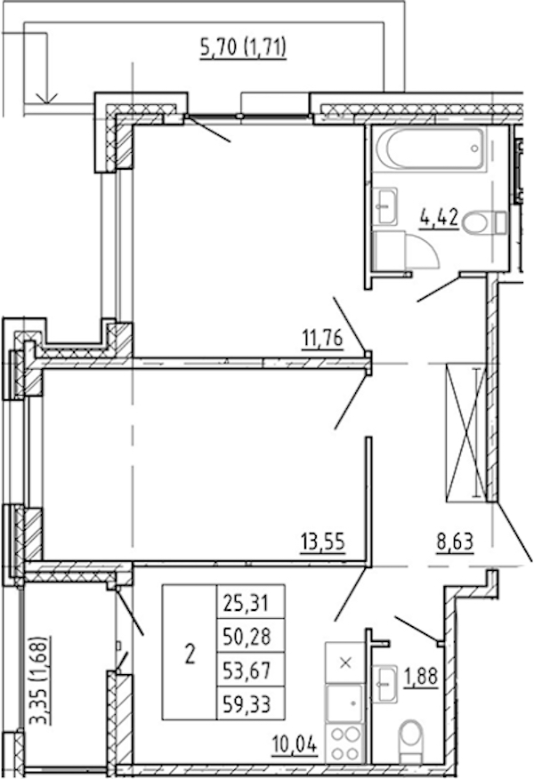 2-комнатная квартира 50.28 м², 11/12 эт., ЖК «Полис Новоселье»